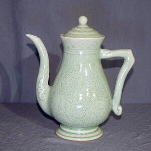 Vintage Thai Celadon Green Crackle Glaze Carved Teapot 9.5"